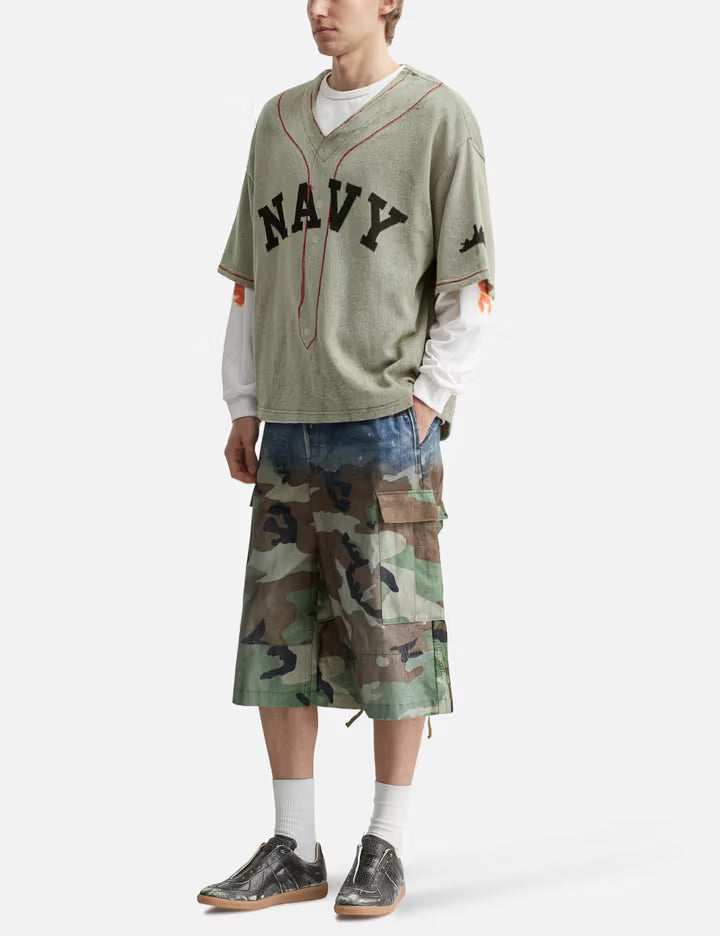 Gradation Printed Denim Cargo Shorts