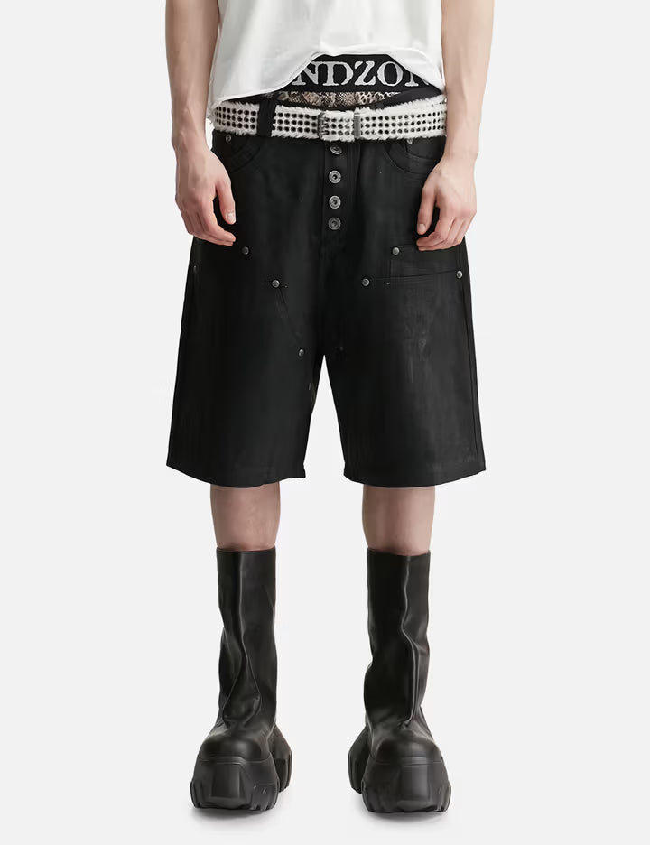 "Rexel" Waxed Double Knee Work Jorts In Black Denim