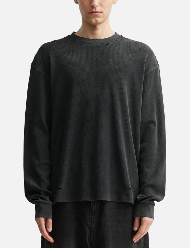 Faded Black Aging Damaged Long Sleeve Waffle Tops