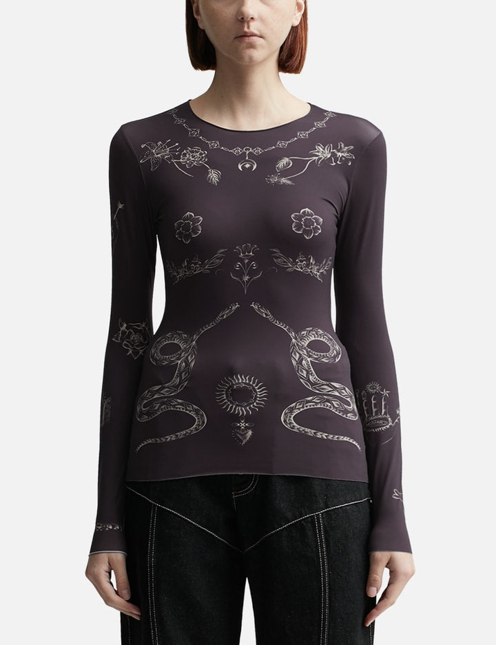 Tattoo Printed Jersey Second Skin Crewneck Top