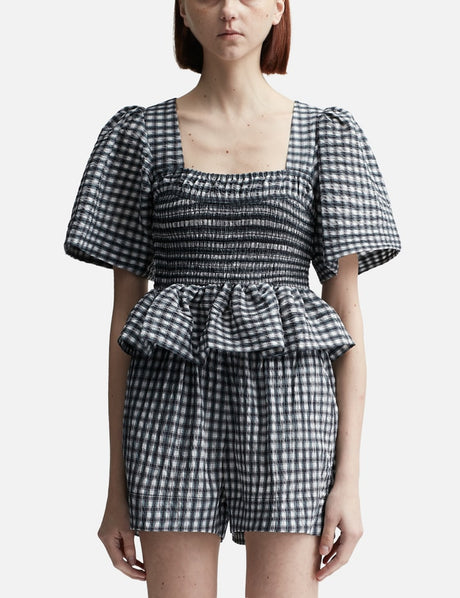 Seersucker Check Open-neck Smock Blouse