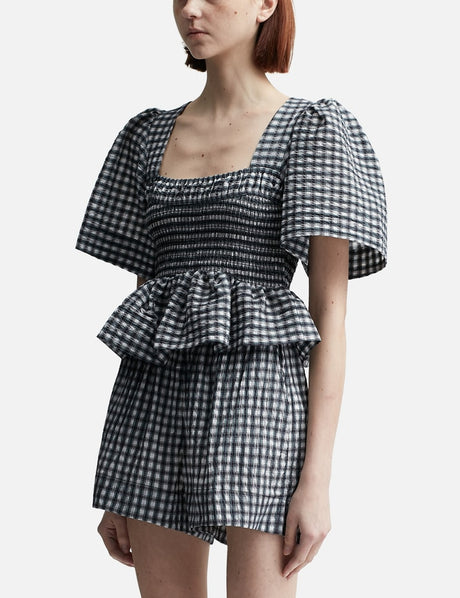 Seersucker Check Open-neck Smock Blouse