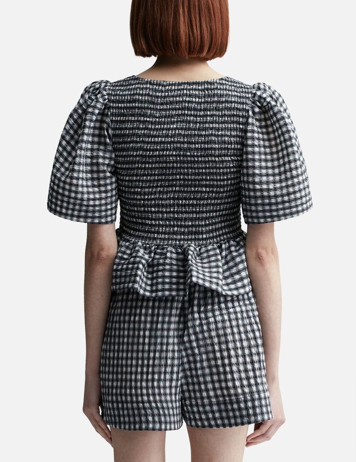 Seersucker Check Open-neck Smock Blouse