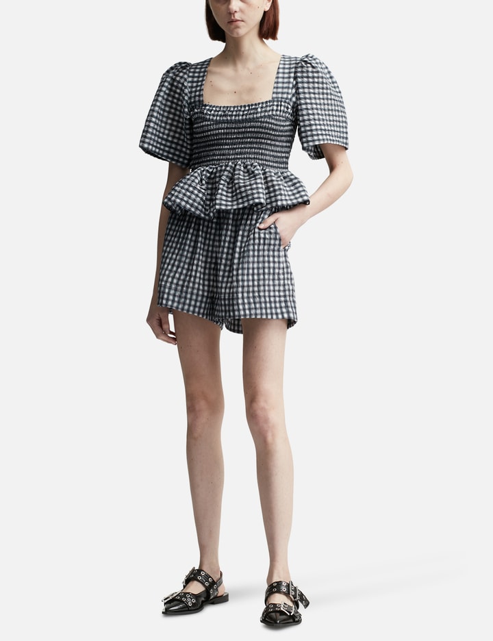 Seersucker Check Open-neck Smock Blouse