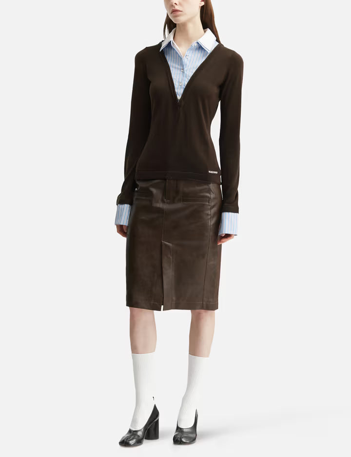 Brown Long-Sleeve Knit Top With Multi-Layer Collar