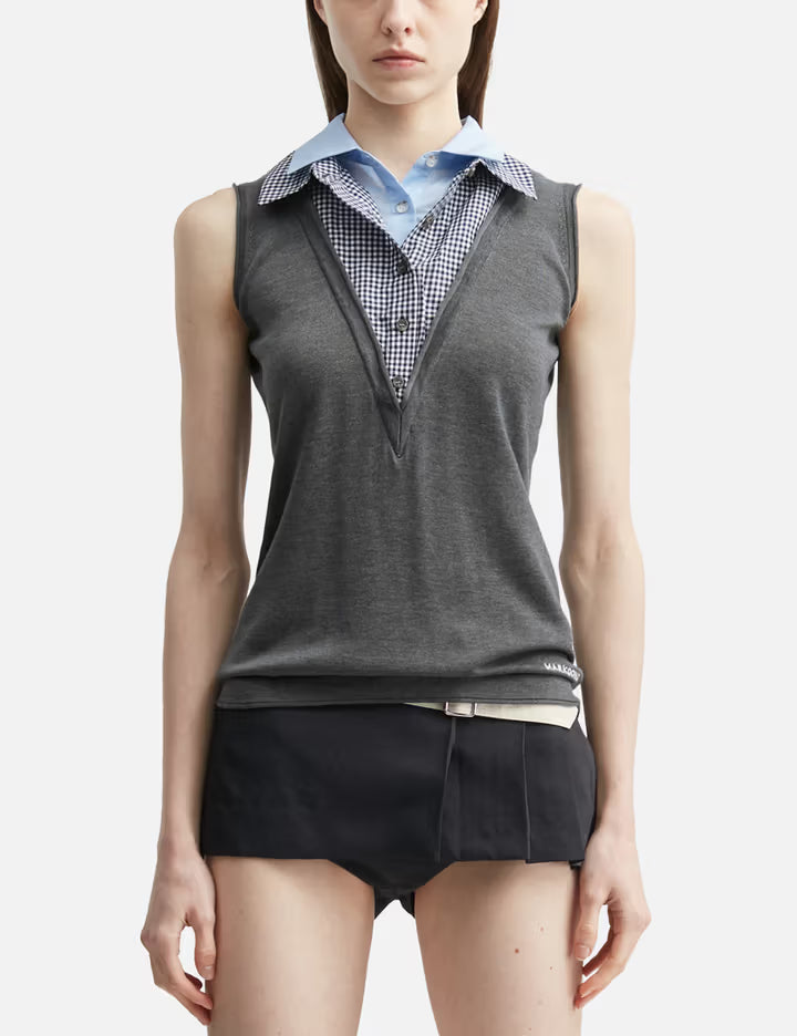 Grey Sleeveless Knit Top With Multi-Layer Collar