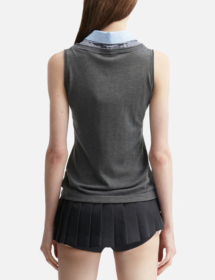 Grey Sleeveless Knit Top With Multi-Layer Collar