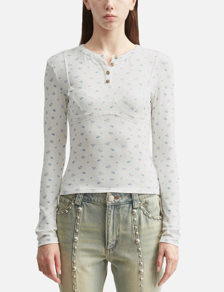 White Floral Print Lace-Trim Bralette Detail Long Sleeve Henley Shirt