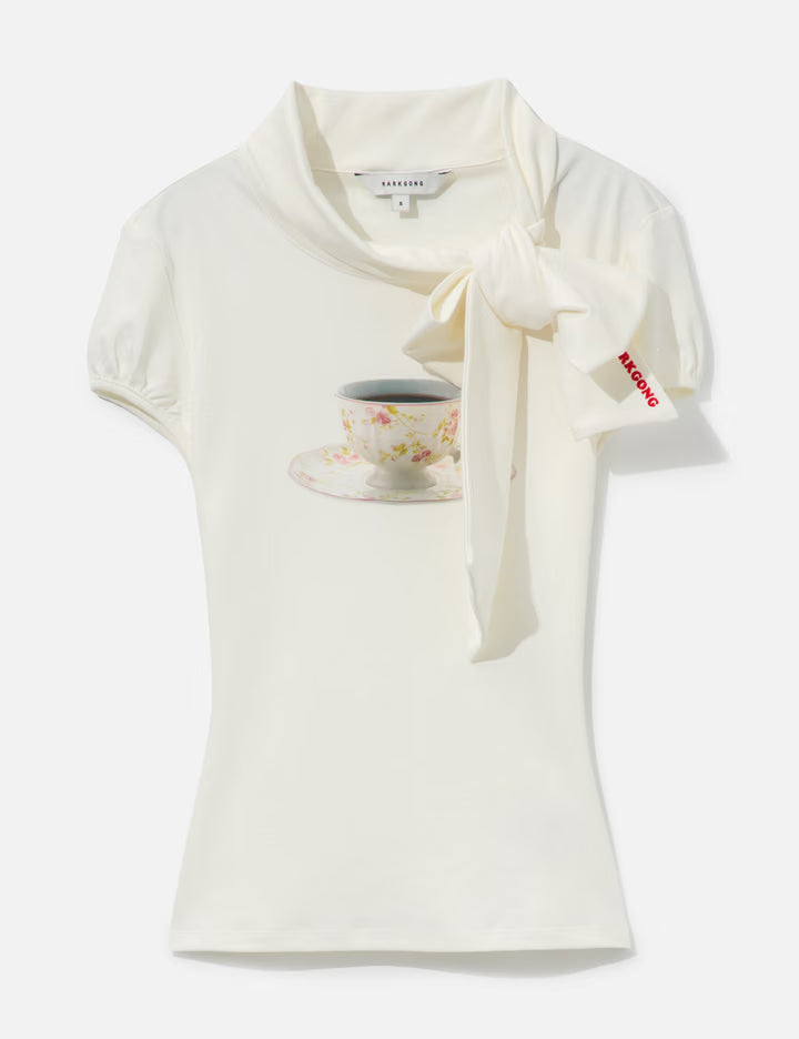 White Print Tie-Front Short Sleeve T-Shirt