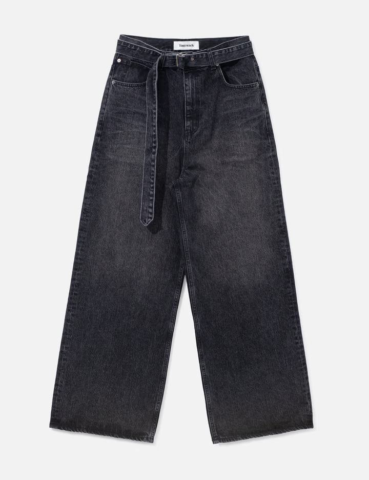Wide-Leg Belted Denim Jeans
