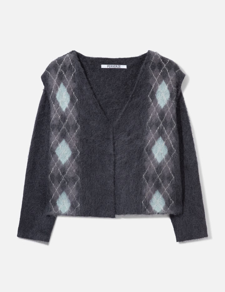 Wide Slit Argyle Line Cardigan