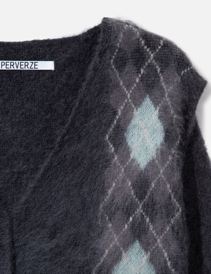 Wide Slit Argyle Line Cardigan