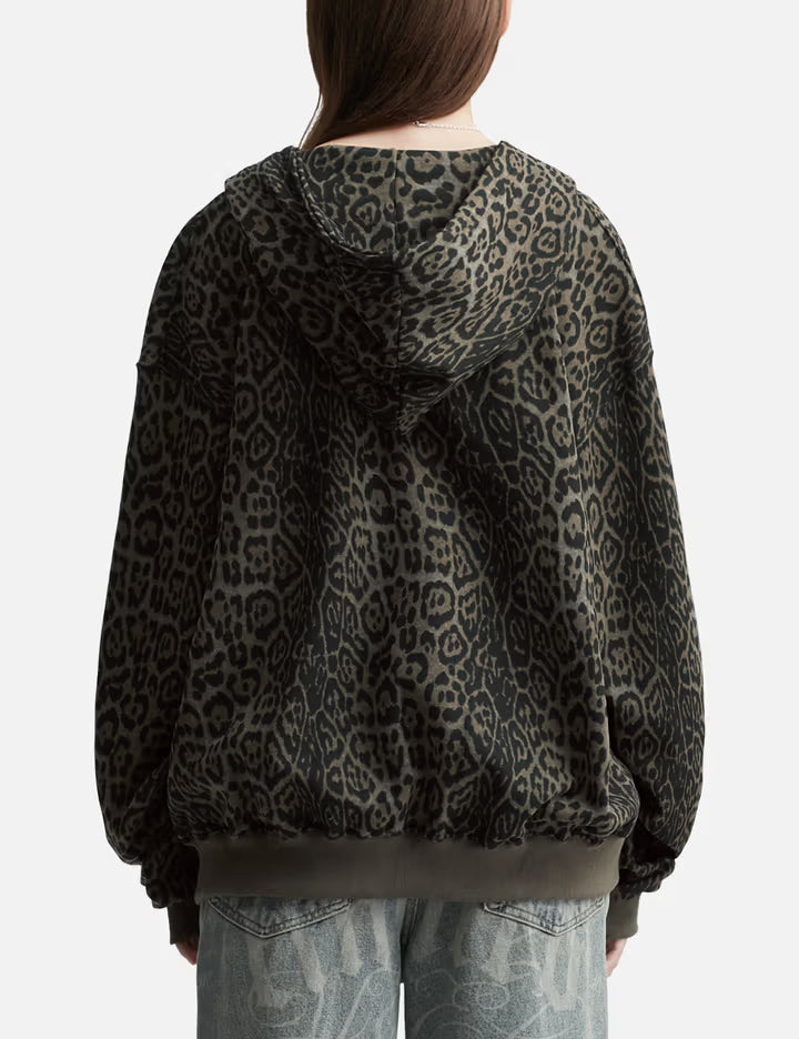 Studded Zip-Up Hoodie Oversized Leopard