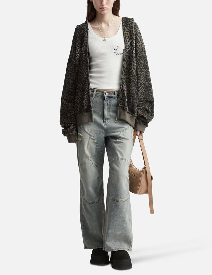 Studded Zip-Up Hoodie Oversized Leopard