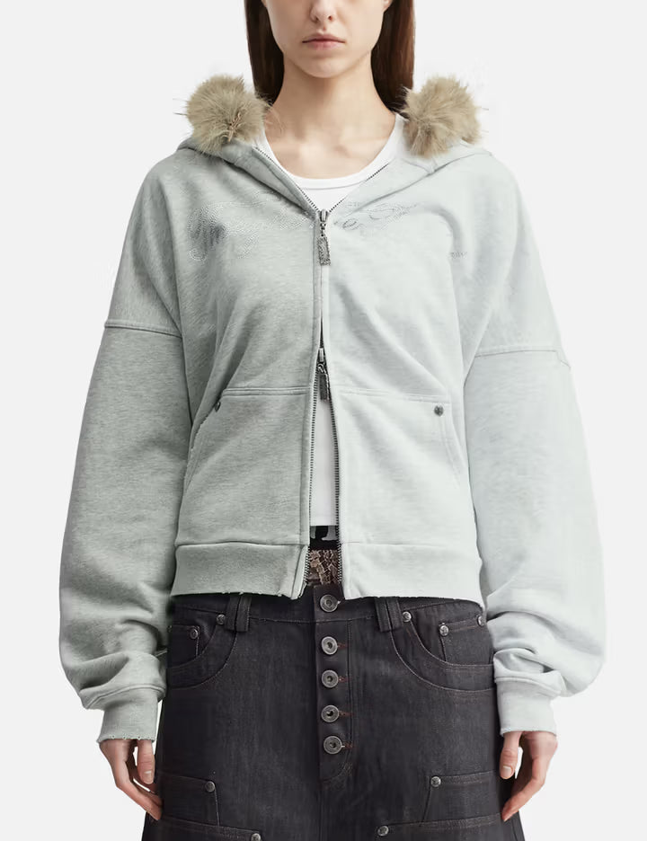 "Nyra" Two-Toned Zip-Up Hoodie With Detachable Fur Trim Hood