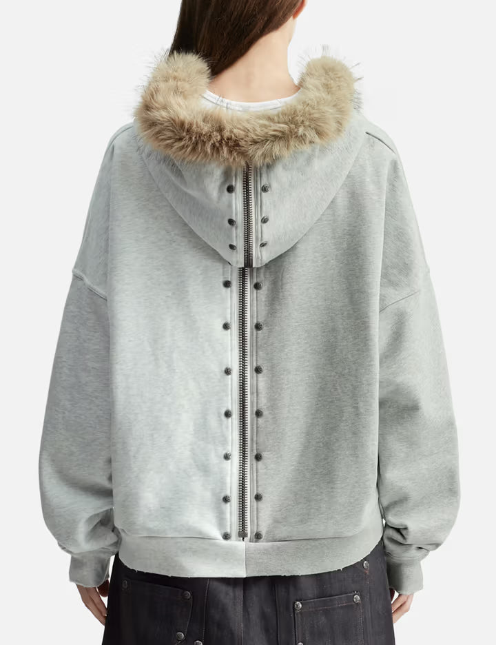 "Nyra" Two-Toned Zip-Up Hoodie With Detachable Fur Trim Hood