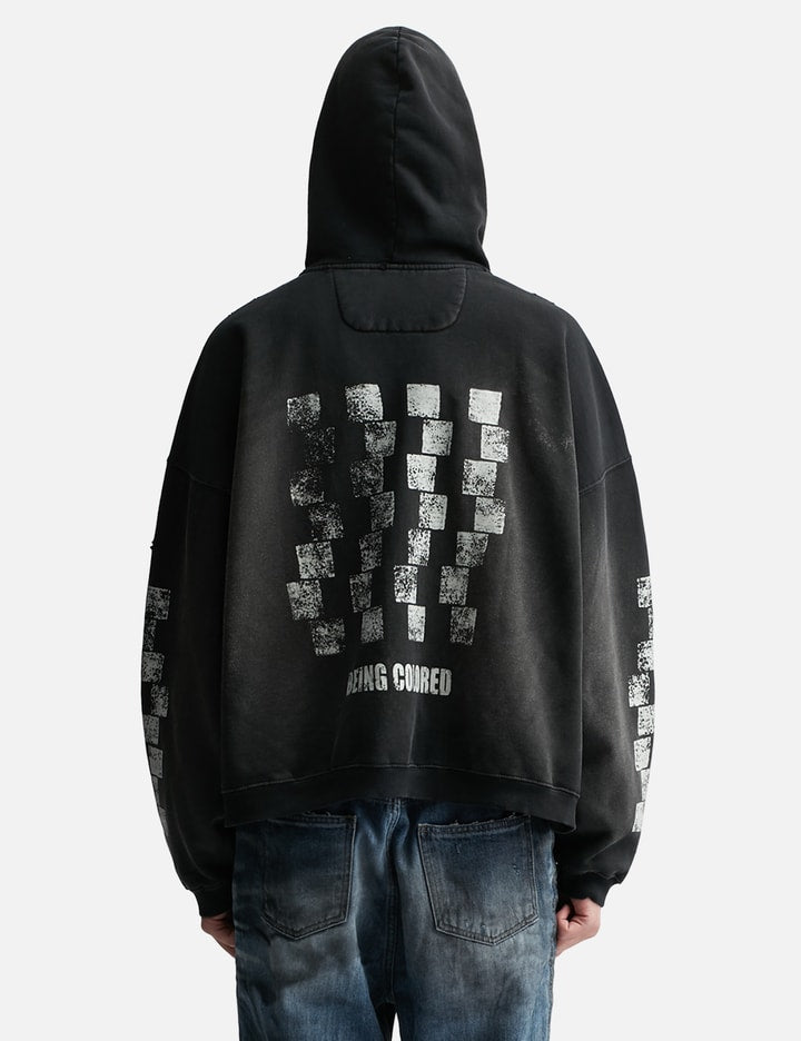 Checkerboard Vintage Printing Brush Washed Zipped Hoodie