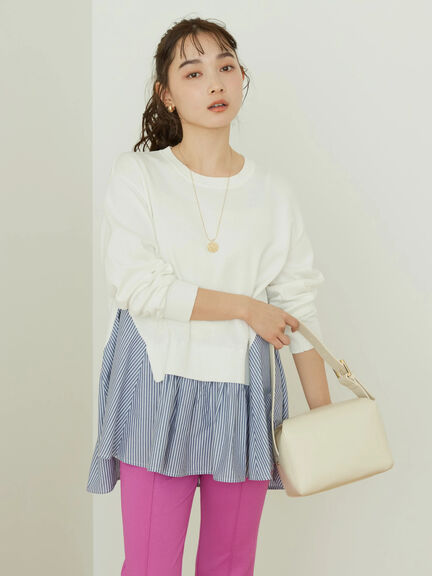 Blouse Rajut Tasaishima 2 Material Striped Knit Pullover Bobo Tokyo