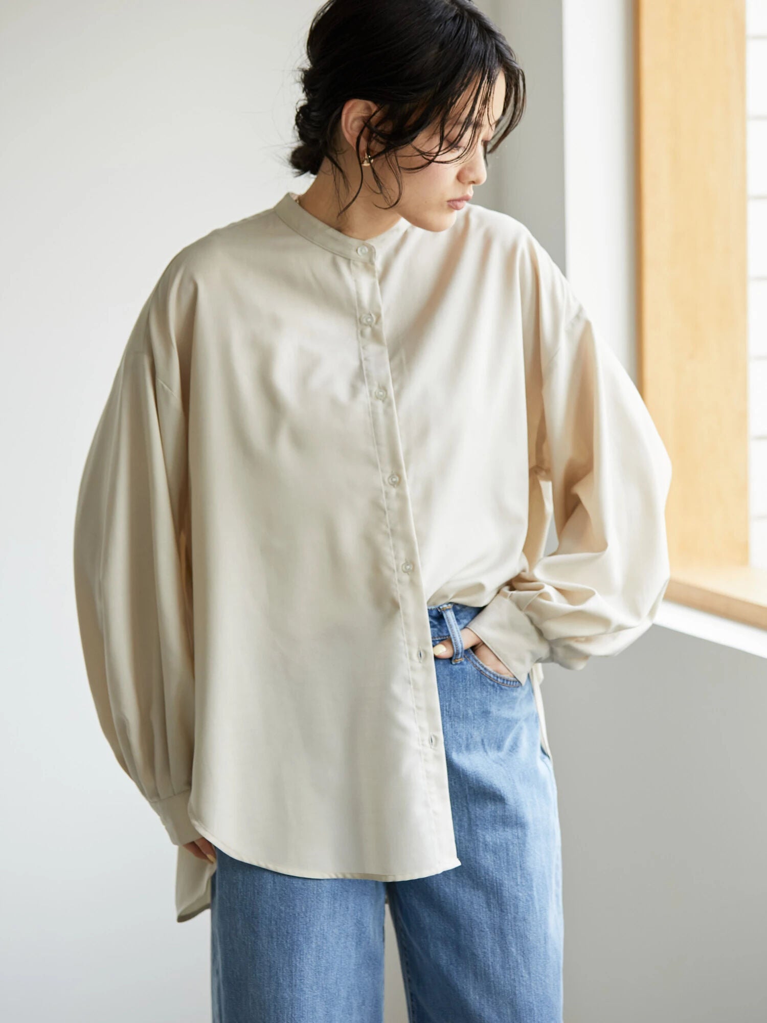 Taya Stand Collar Back Tuck Shirt