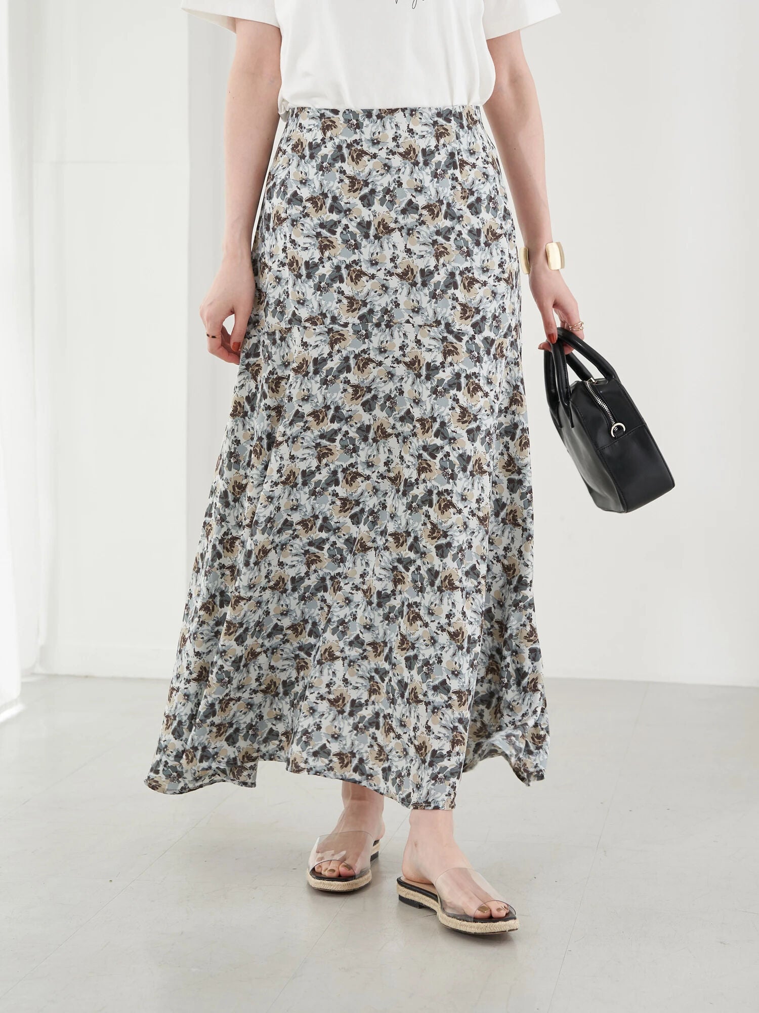 Cathy Flower Switching Flared Skirt