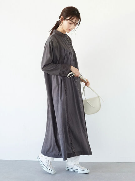 Kosumosu Pintuck Lace Shirt Dress