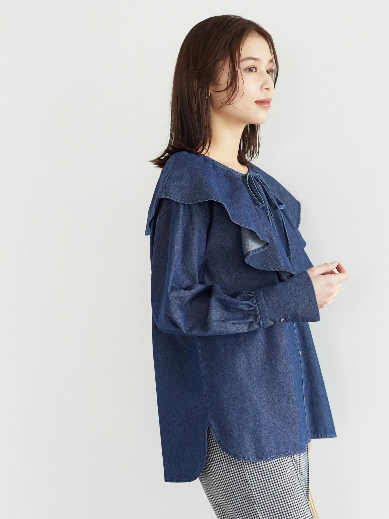 Saada Denim Ruffle Collar Blouse