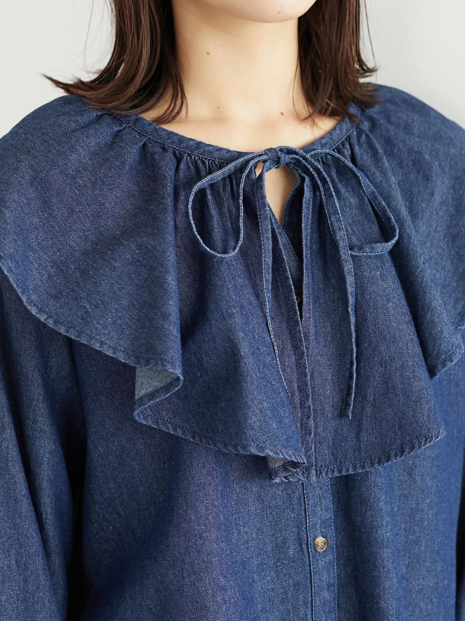 Saada Denim Ruffle Collar Blouse