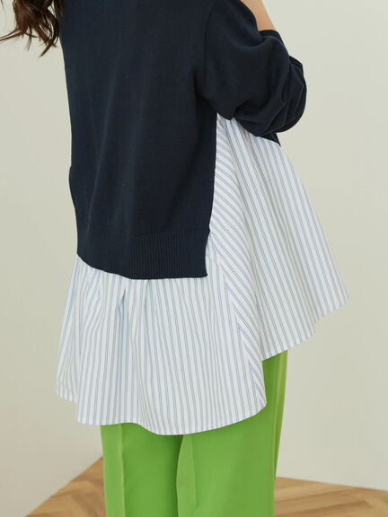 Tasaishima 2 Material Striped Knit Pullover