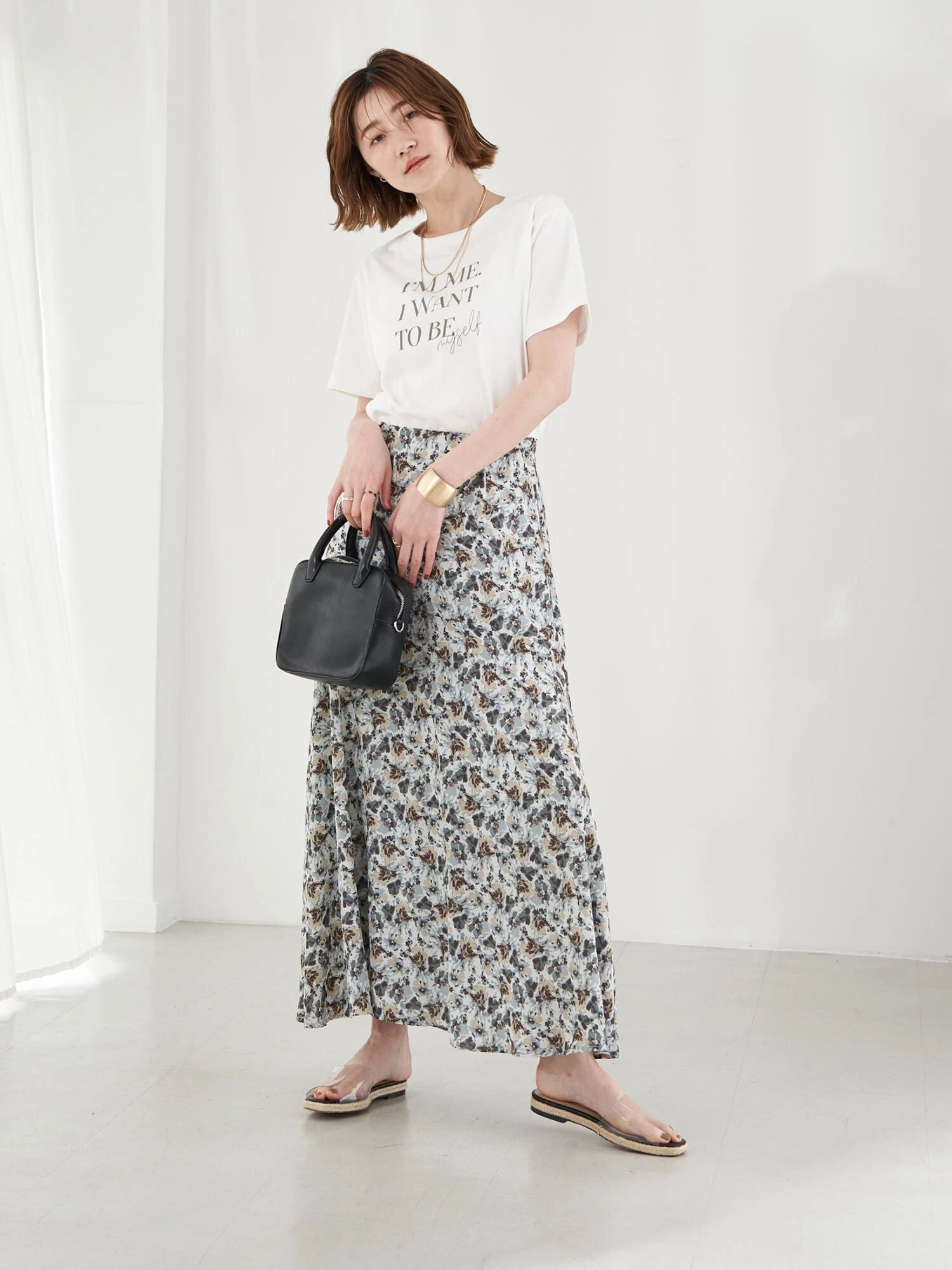 Cathy Flower Switching Flared Skirt