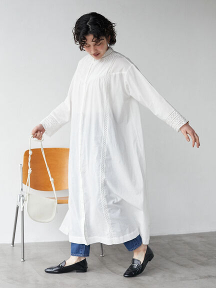 Kosumosu Pintuck Lace Shirt Dress