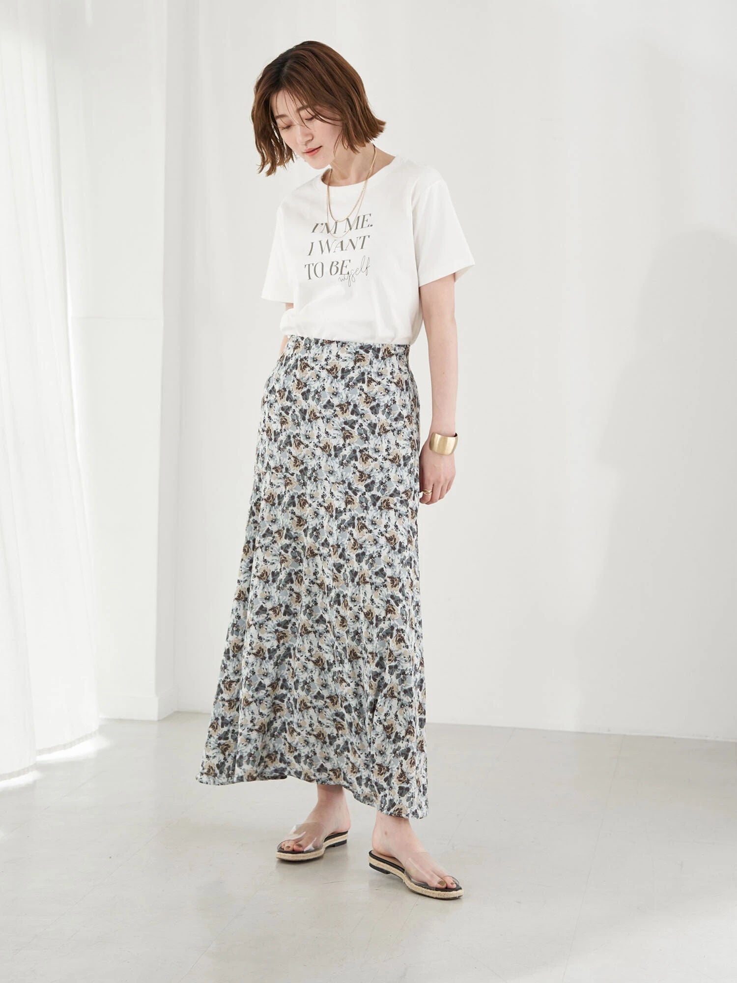 Cathy Flower Switching Flared Skirt