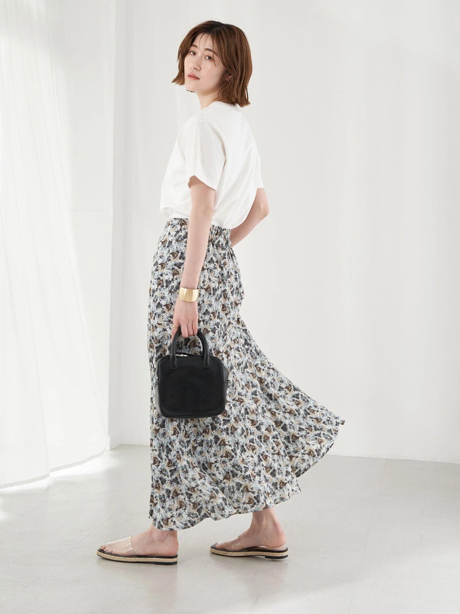 Cathy Flower Switching Flared Skirt