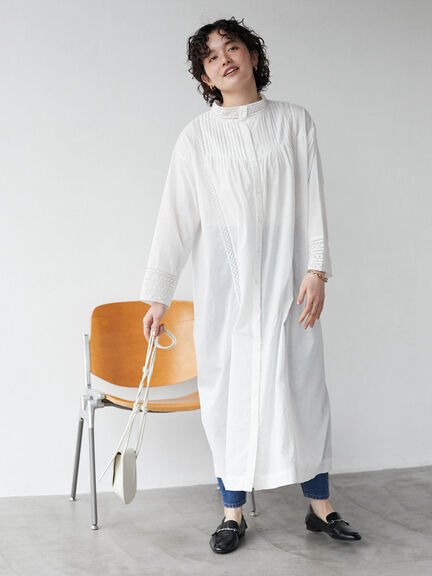 Kosumosu Pintuck Lace Shirt Dress