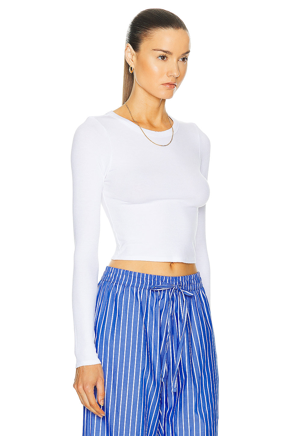 Silk Rib Cropped Long Sleeve Crew Top