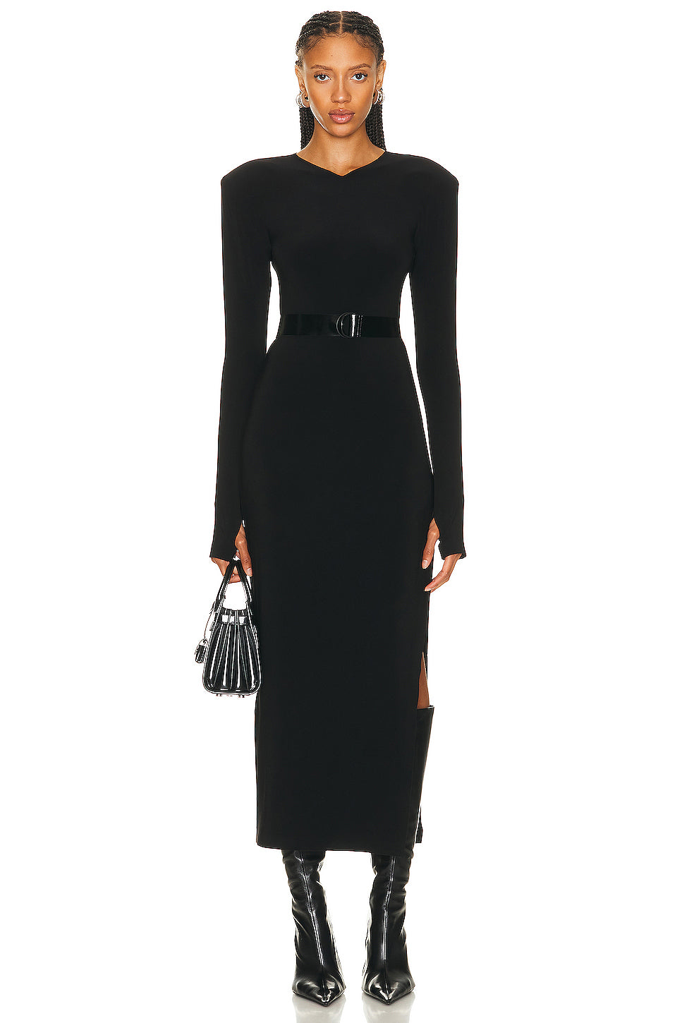 Long Sleeve Shoulder Pad Side Slit Gown