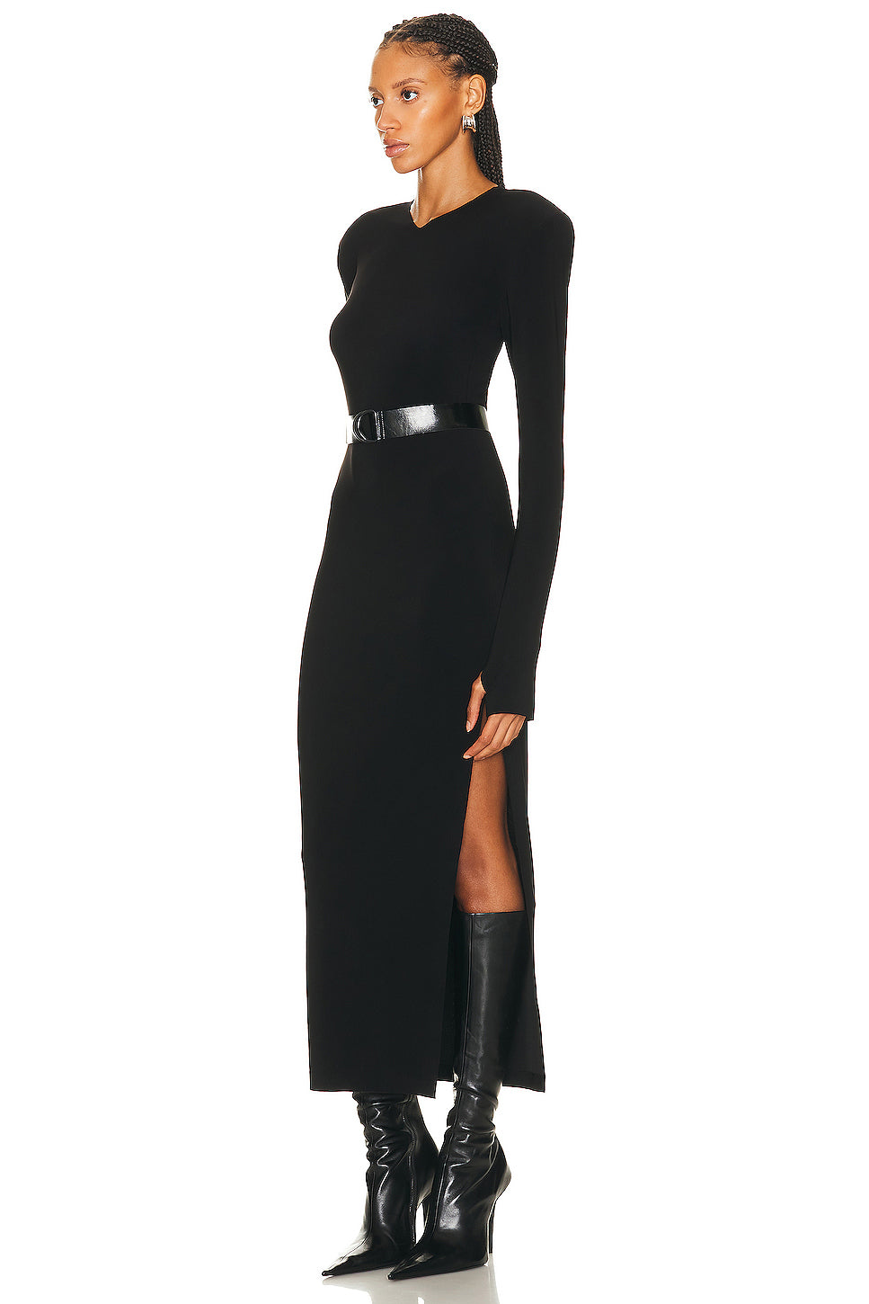 Long Sleeve Shoulder Pad Side Slit Gown