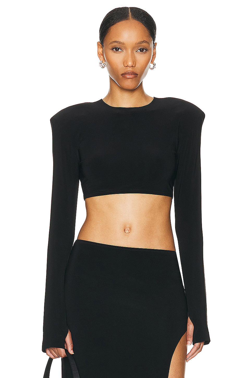 Cropped Shoulder Pad Long Sleeve Crew Top