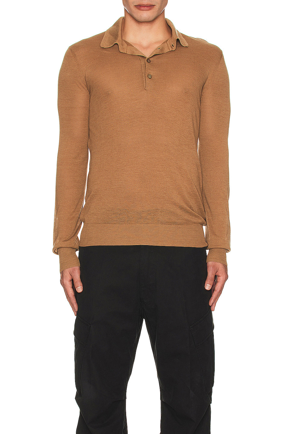 Piquet Long Sleeve Polo In Camel